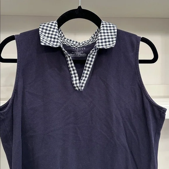 Talbots size medium Navy Sleeveless Layered Polo with Gingham Trim. Like new - Picture 2 of 3